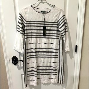 For Cynthia Embroidered Linen Blend 3/4 Sleeve Relaxed Fit Boho Sheath Dress.NWT